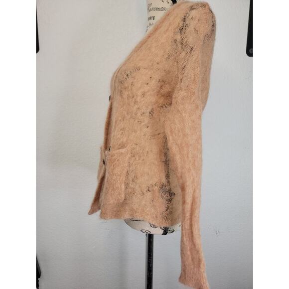 Obey Sweater Cardigan Womens Small Fuzzy Mohair Blend Tan Sheer Delicate - Picture 7 of 11